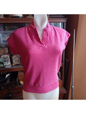 Medium Vintage 70's Pink Top Terrycloth Disco Top Rayon Button-Up Collar